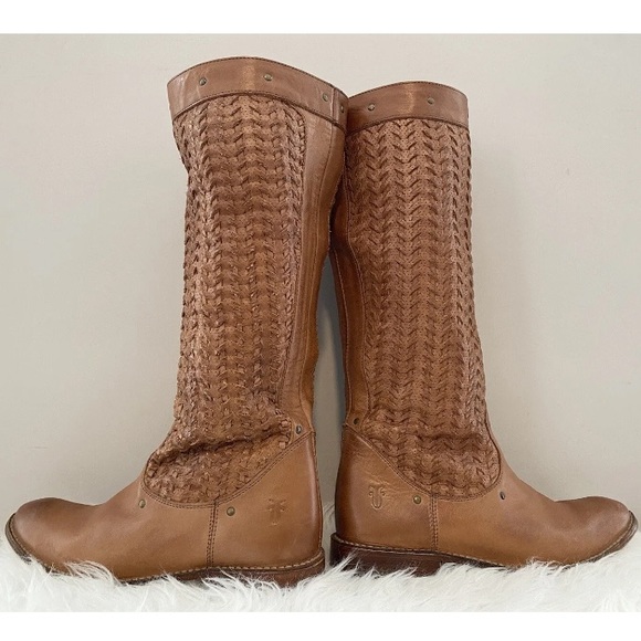FRYE Shirley Woven Tan Leather Knee High Tall Western Riding Stud Boots Sz 6.5 - Picture 8 of 16